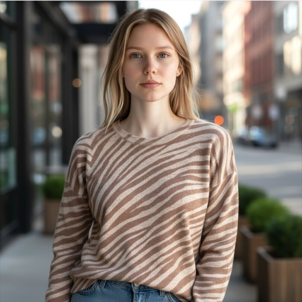 Saks Fifth Ave Light Brown Tiger Stripe 100% Cashmere Sweater Size Small